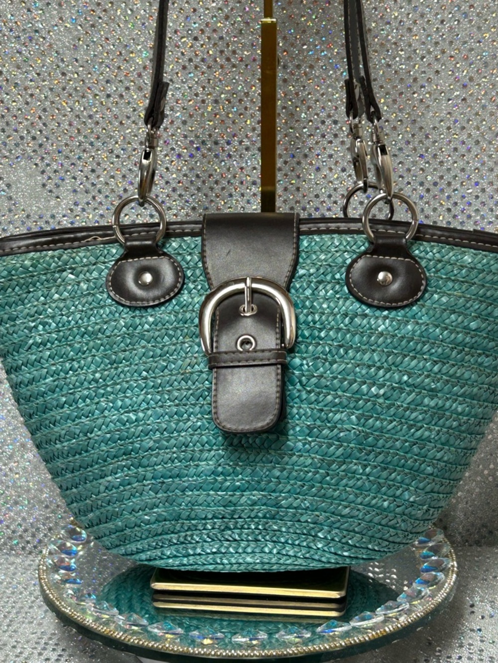 St. John’s Bay Teal Woven Tote Bag with Dark Brown Trim Approx. 13 x 9 x 4